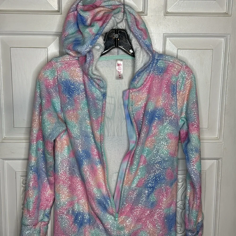 Justice Girls Tie Dye Sparkly Dragon Hooded Pajamas With Removable Tail 8